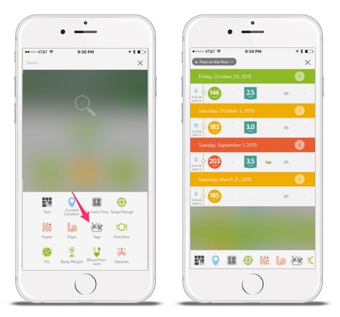 mySugr Logbook screens showing how tags can be used in search