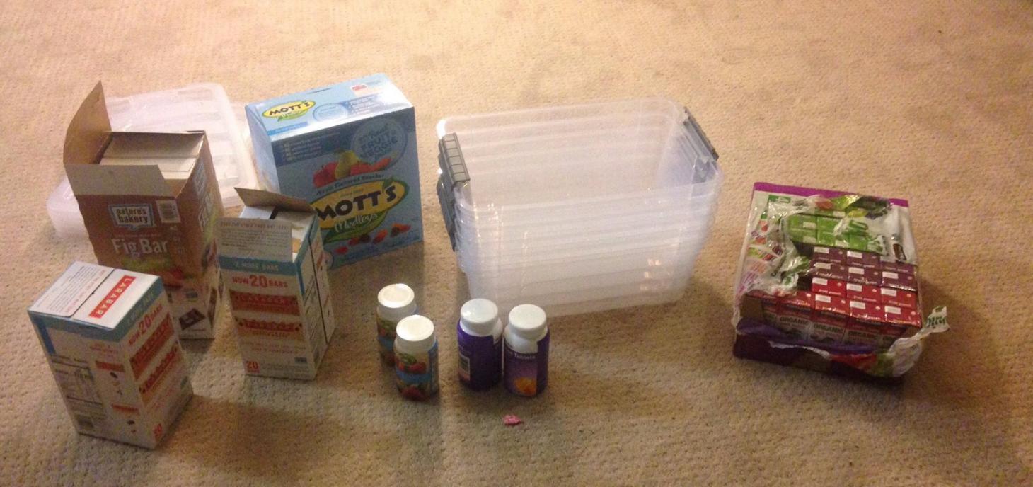 "Sugar Box" contents: bars (gluten free and vegan options!), fruit snacks, glucose tabs, juice boxes.